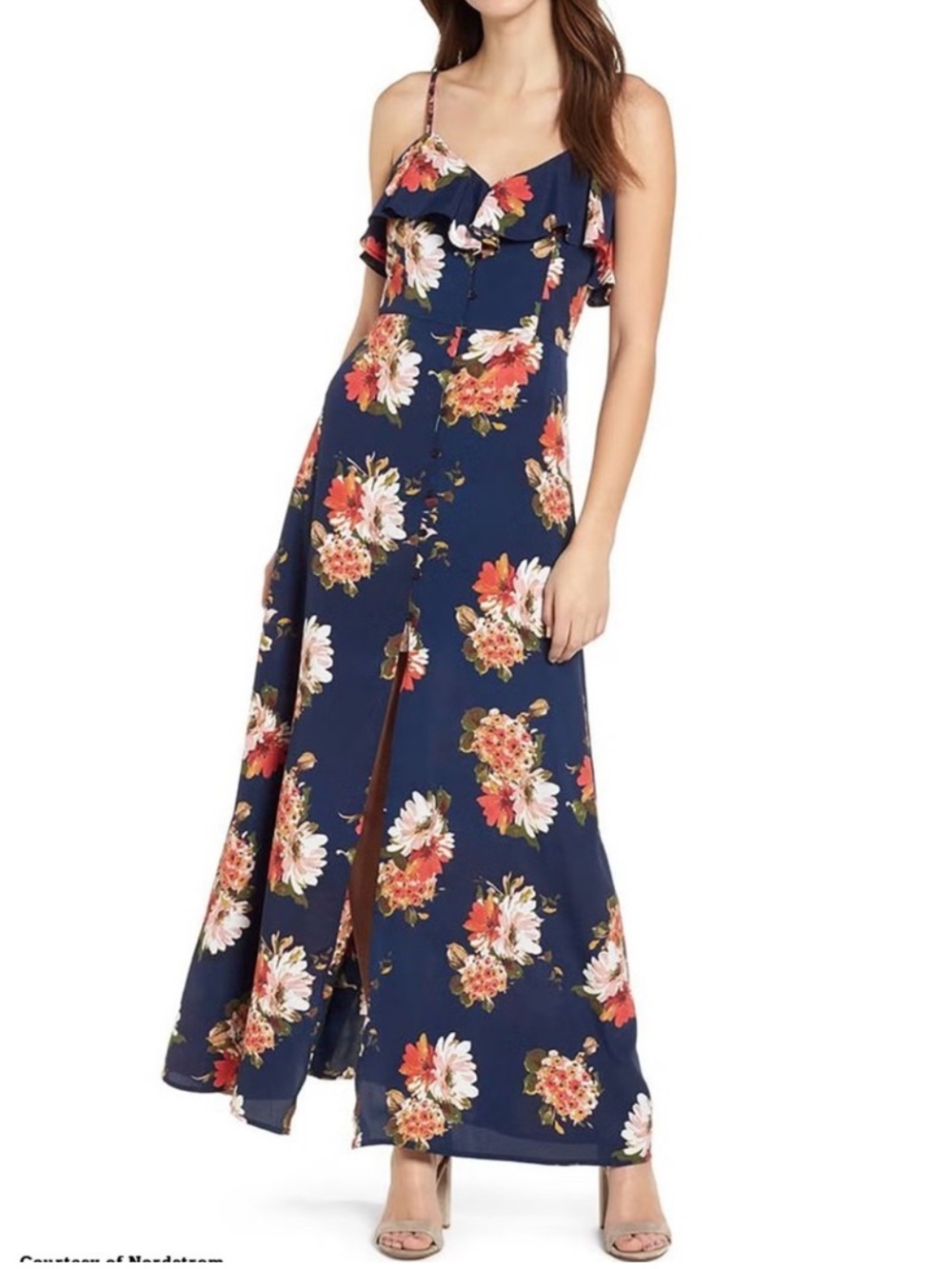 Band Of Gypsies Navy Floral Spaghetti-Strap Maxi Dress with Front Slit• Large